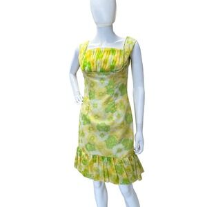 Vintage 1960s Mod Floral Wiggle Dress Ruffle Ruched Bodice Organza Chiffon JS